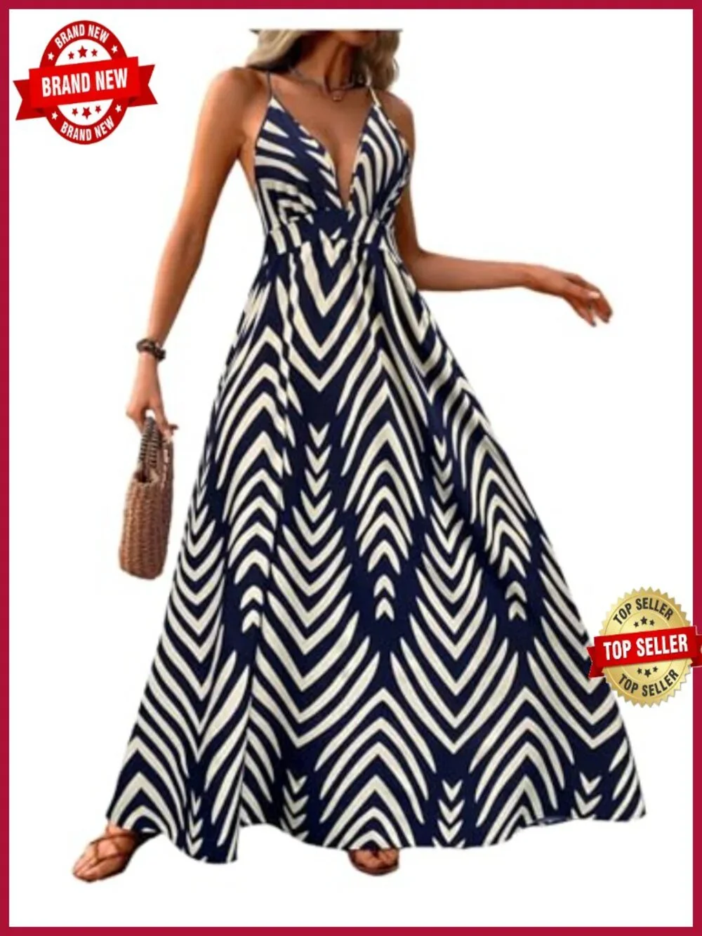 Flowy Boho Maxi Dress with Plunge V-Neck and Open Back